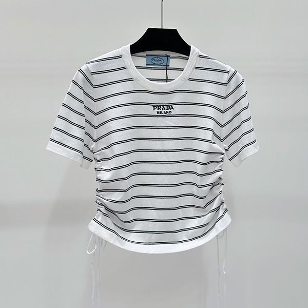 絶対欲しい！プラダ リブ ニット 半袖 Tシャツ 偽物ブラック&ホワイト pux66985